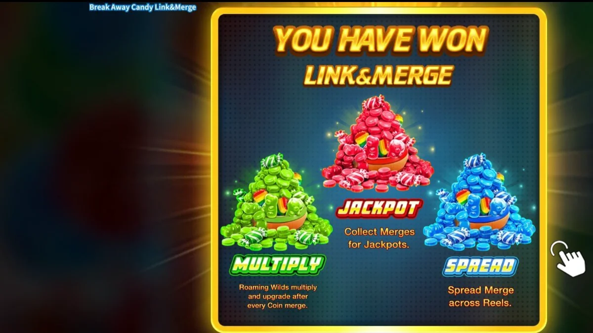 Tampilan visual slot Break Away Candy Link&Merge dengan tema hoki dan permen