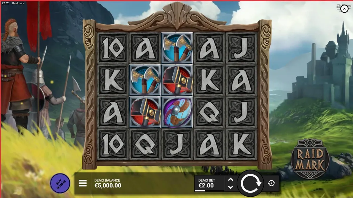 Tampilan visual slot Raidmark dengan tema Viking yang epik dan intens