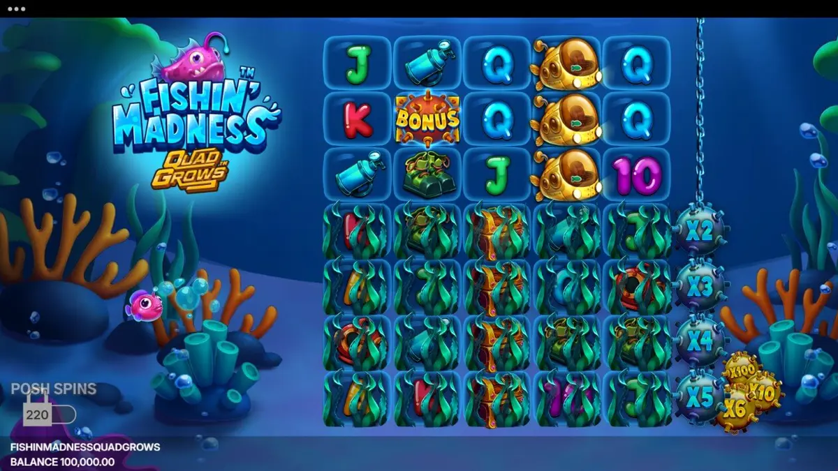 Tampilan visual slot Fishin’ Madness Quadgrows dengan tema bawah laut yang dinamis